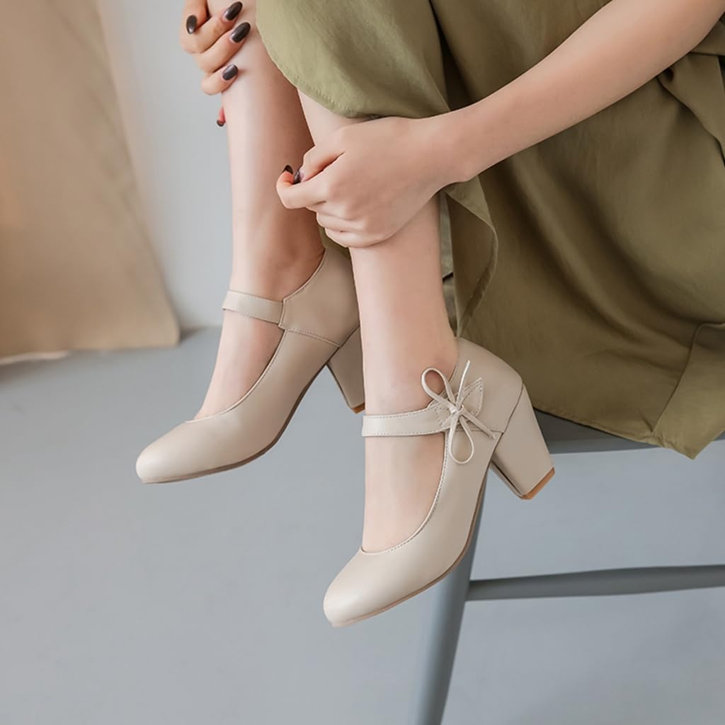 Women's Bow Mary Jane Dress Pumps Shoes Chunky Block High Heels Round Toe Shoes