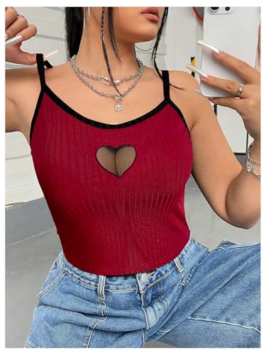 Women's Plus Size Cami Crop Tops Contrast Mesh Spaghetti Strap Summer Top