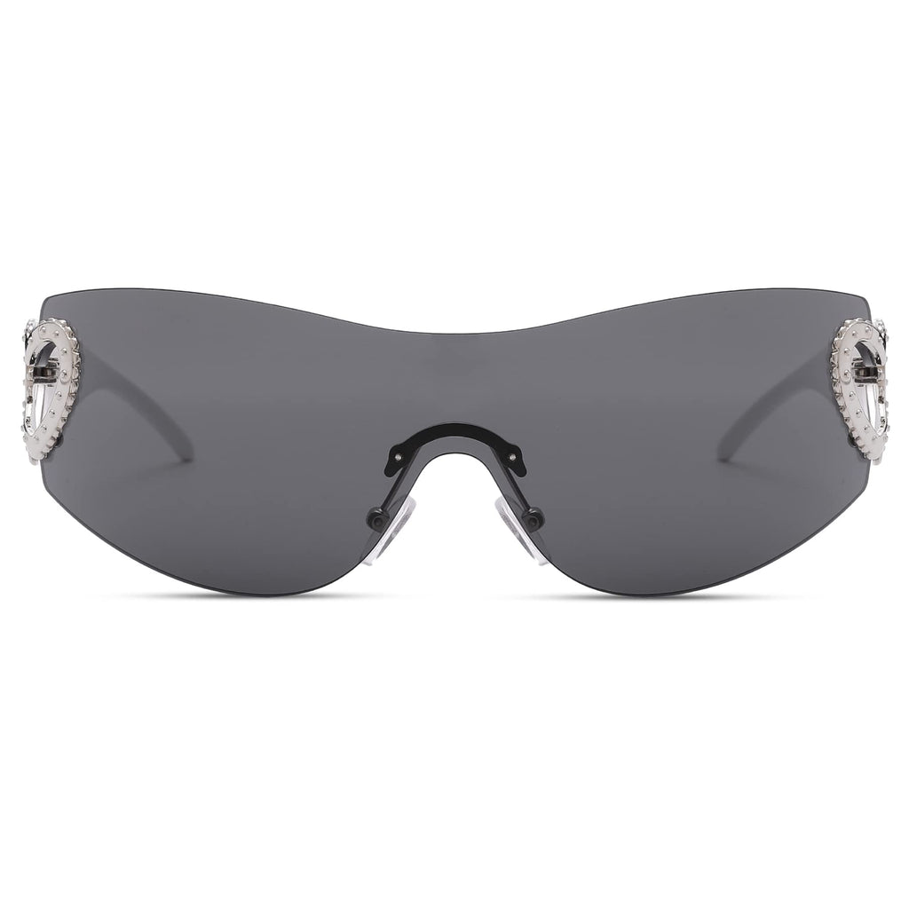 Wrap Around Heart Rhinestones Rimless Sunglasses Women Men, Oversized Fashion Futuristic Sun Glasses Cool Shade 2000S Trendy