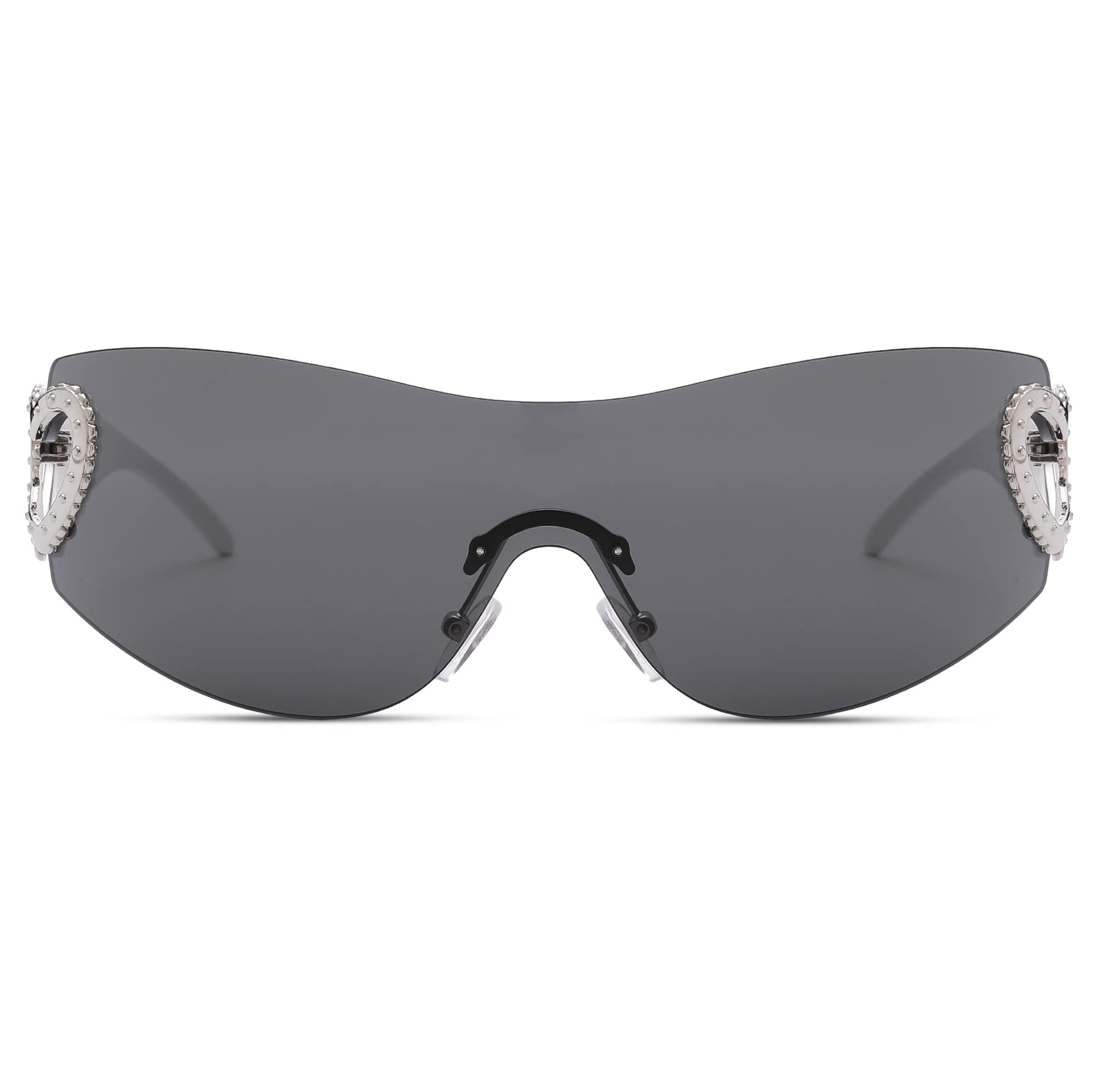 Wrap Around Heart Rhinestones Rimless Sunglasses Women Men, Oversized Fashion Futuristic Sun Glasses Cool Shade 2000S Trendy