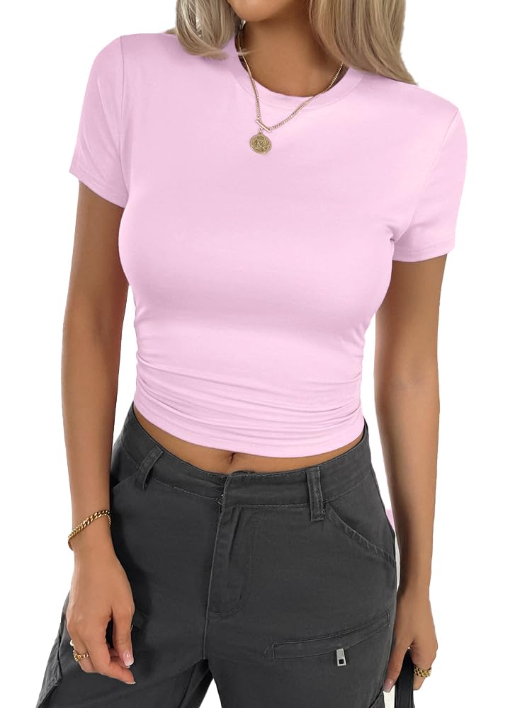 Women Basic Short Sleeve Crop Top Ruched Fitted Baby Tee Shirts