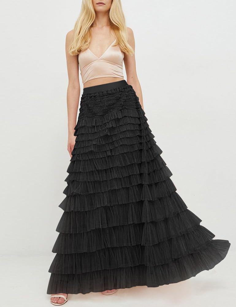Long Tulle Skirt for Women Trendy High Waisted A Line Fluffy Fairy Mesh Layered Ruffle Skirt