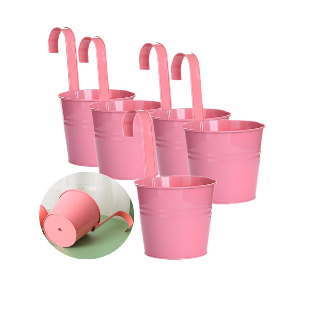 Hanging Flower Pots for Outdoor Indoor Plants with Removable Hooks -5 Pack Metal Buckets Plant Pots Wall Fence Home Decor-Storage Box,Drainage Holes -5''Diameter