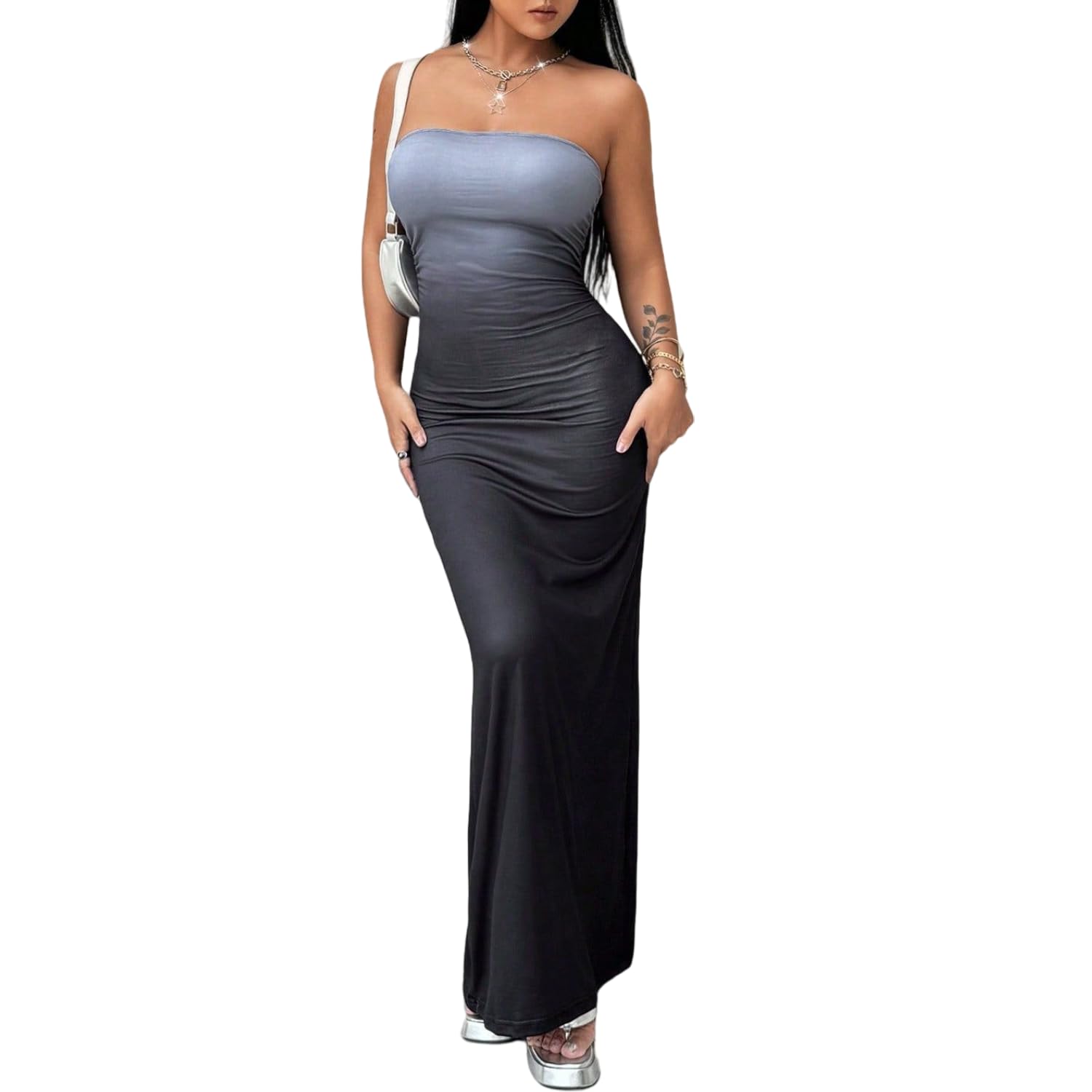 Women's Summer Gradient Strapless Tube Dress Bodycon Long Dress Side Slit Mesh Layered
