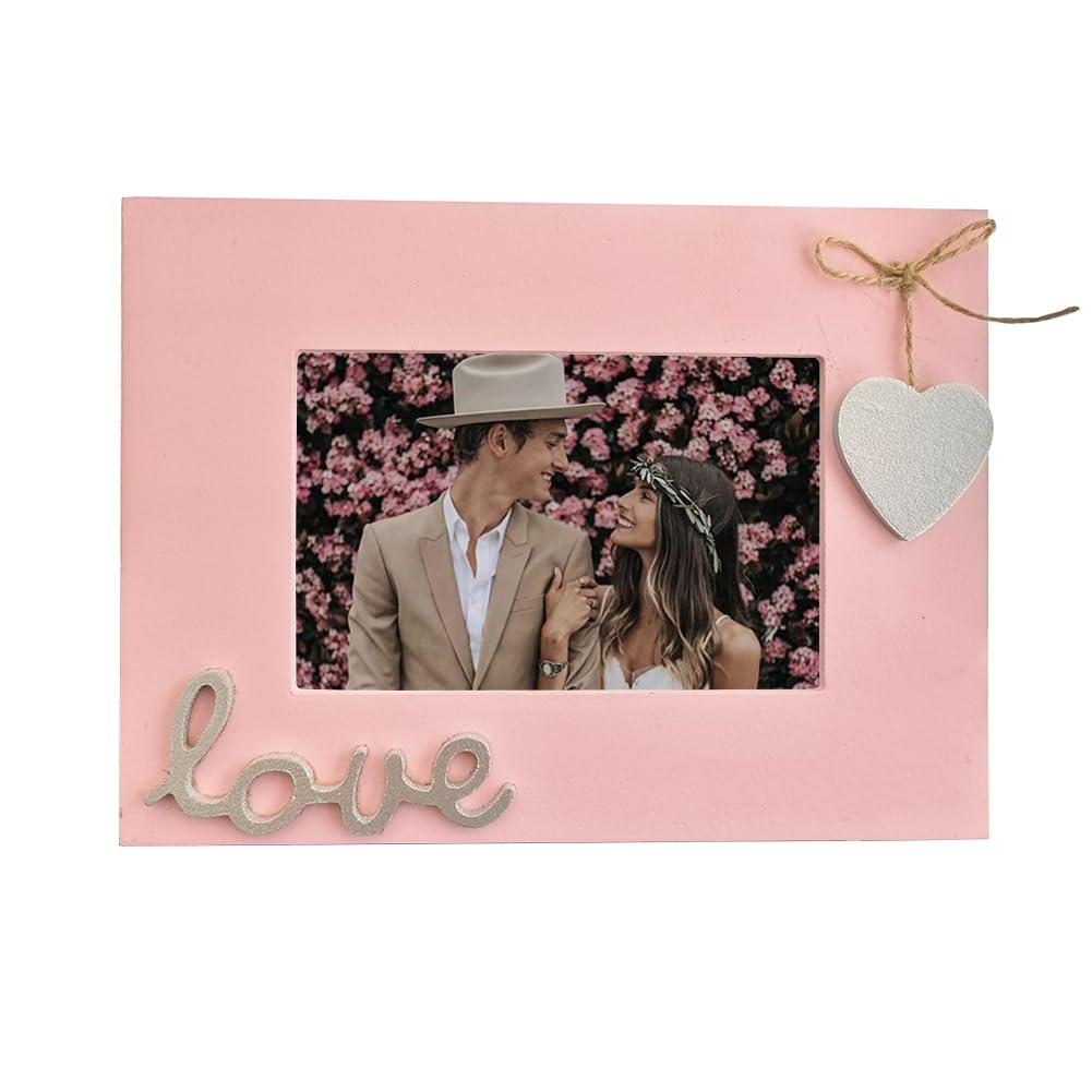 Love Picture Frame with Heart for Table Top and Wall Mounting-Distressed Wooden Photo Frame HD Glass Inside