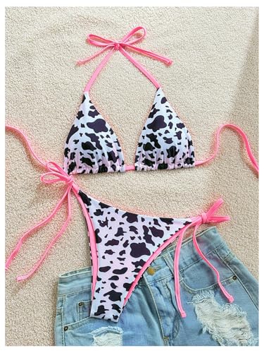 Women's 2 Piece Leopard Bikini Set Cheetah Thong Bikini Sexy String High Cut Bathing Suit Cheeky Triangle Swimsuit