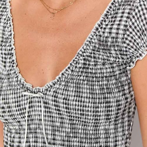 Women's Gingham Mini Dress Short Sleeve Bow Deep V Neck Smocked Waist Slim Fit Retro Plaid Dresses Y2k Sundress