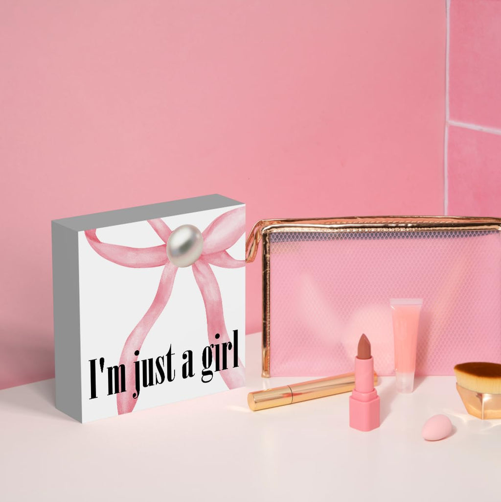 Pink Bow Coquette Room Decor - Wooden Box Sign Desk Decor