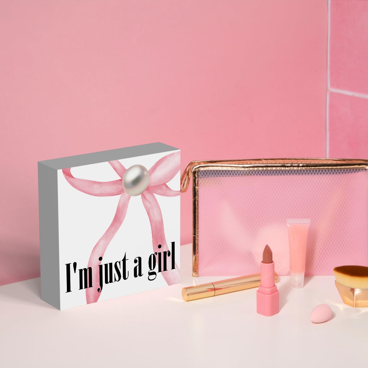 Pink Bow Coquette Room Decor - Wooden Box Sign Desk Decor