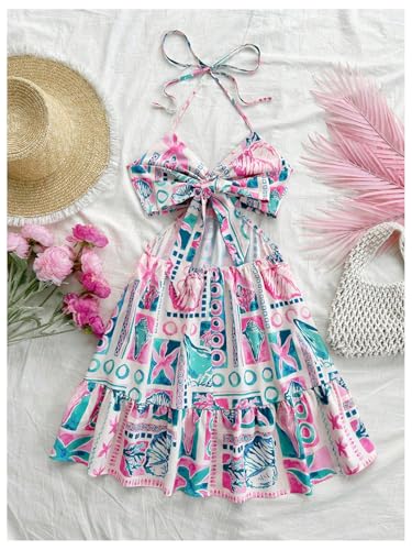 Women's Floral Halter Neck Vacation Dress Sleeveless Cut Out Boho Cami Dress