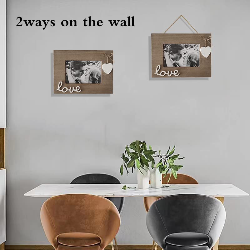 Love Picture Frame with Heart for Table Top and Wall Mounting-Distressed Wooden Photo Frame HD Glass Inside