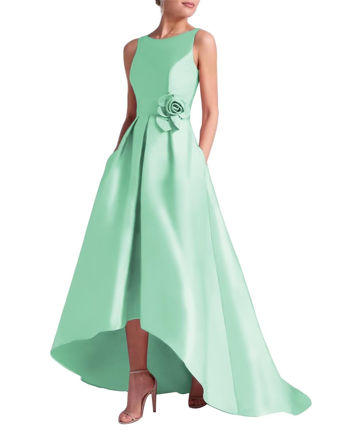 Women's 3D Flower Satin Mother of The Bride Dresses Hi-Low Formal Evening Party Gown