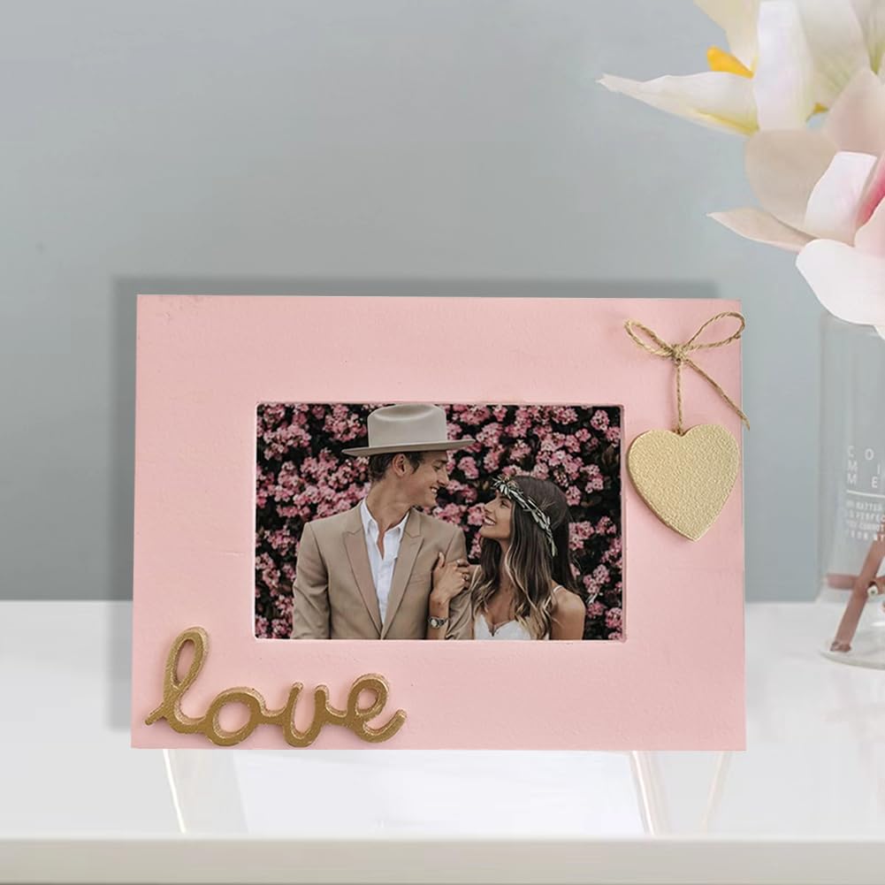 Love Picture Frame with Heart for Table Top and Wall Mounting-Distressed Wooden Photo Frame HD Glass Inside