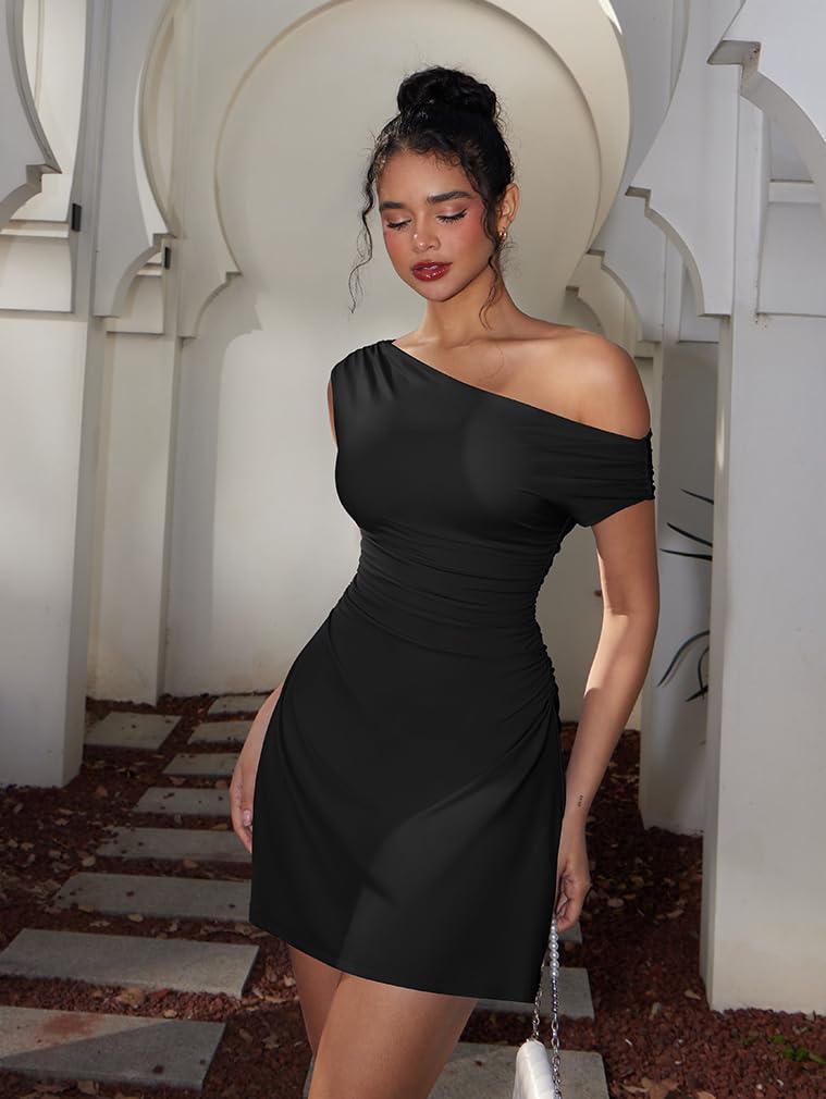 Women's Off Shoulder Trendy Ruched Stretch Bodycon Cocktail Party Flare Mini Dress