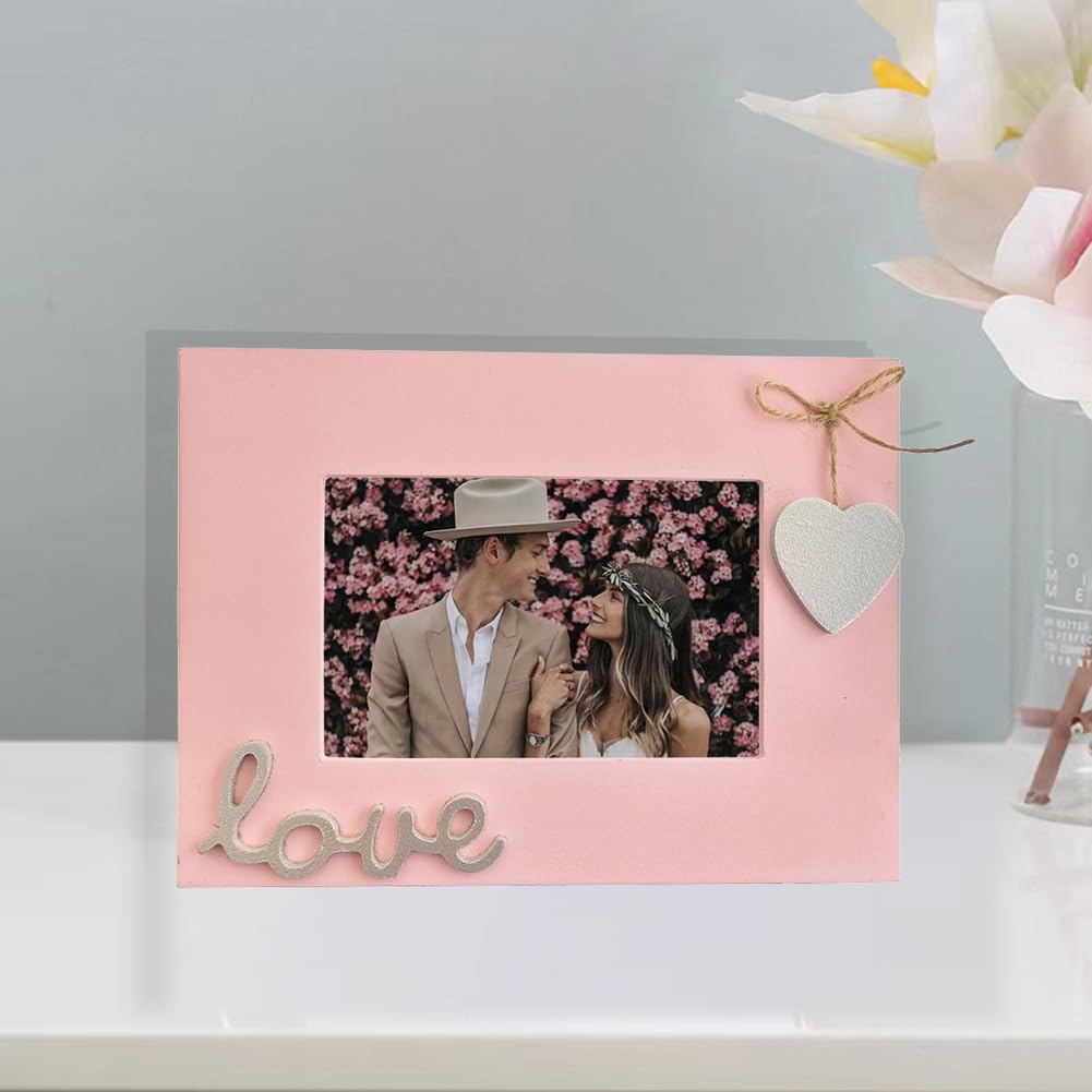 Love Picture Frame with Heart for Table Top and Wall Mounting-Distressed Wooden Photo Frame HD Glass Inside