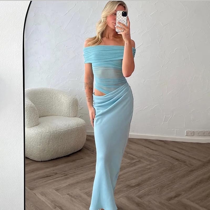 Women Off Shoulder Bodycon Maxi Dress Layered Mesh Ruched Hollow Out Dresses