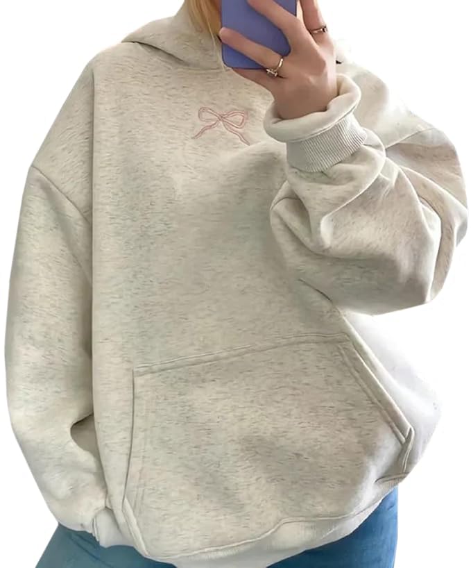 Women Bow Embroidery Hoodie Teen Girls Cute Graphic Hooded Loose Preppy Y2K Long Sleeve Pullover Hoodie Tops