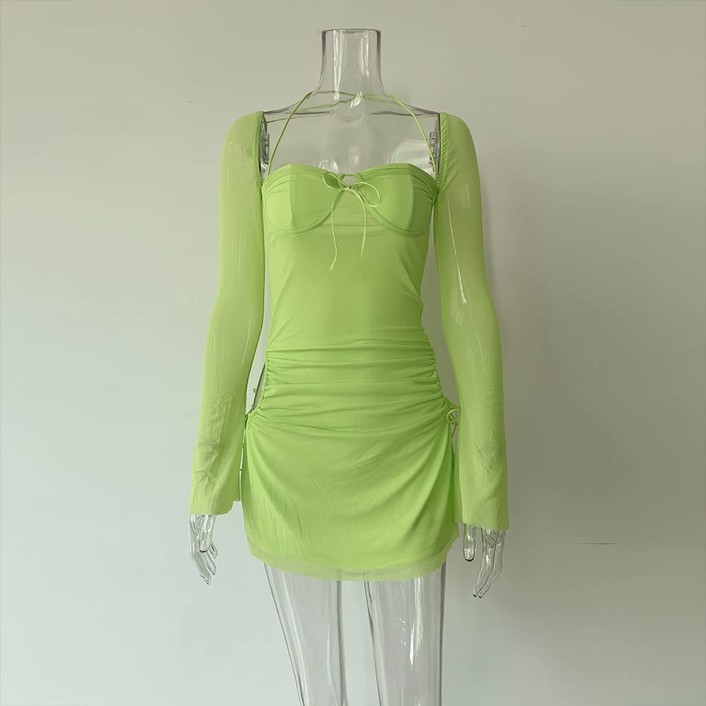 Women Long Puff Sleeve Mini Bodycon Split Hem Mesh Dress Party Dress