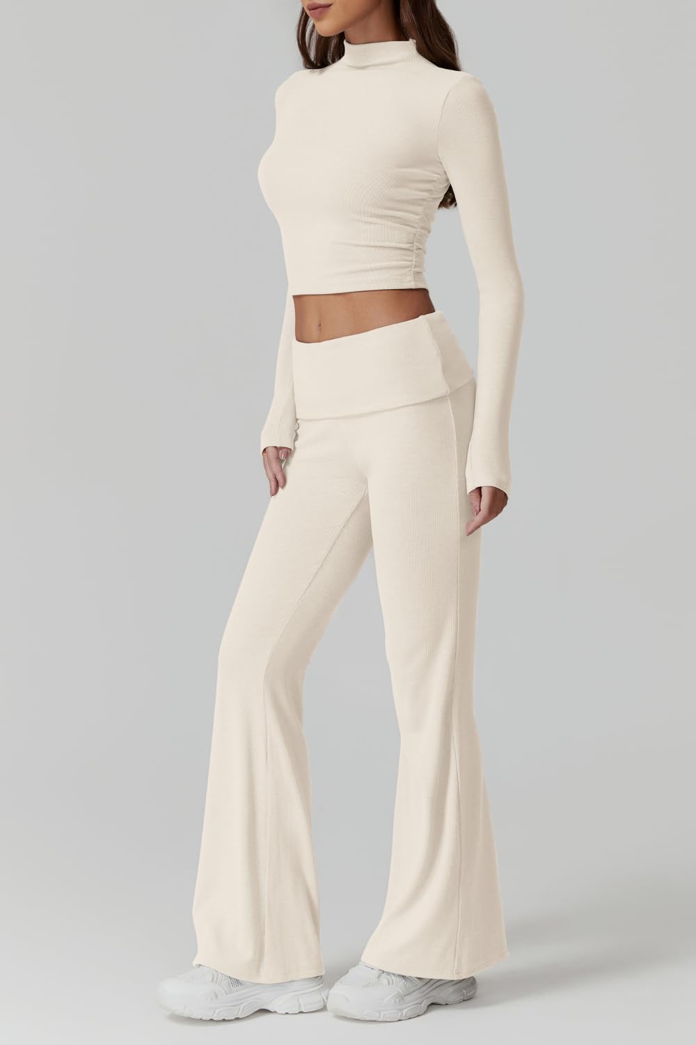 Womens 2 Piece Lounge Sets Mock Neck Long Sleeve Tops with Side Ruched Fold Over Flare Pants Comfy Tracksuits