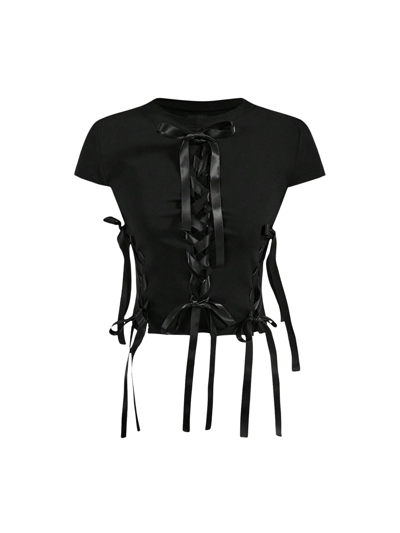 Women's Y2k Bow Tie Front T Shirt Short Sleeve Crew Neck Coquette Crop Tops