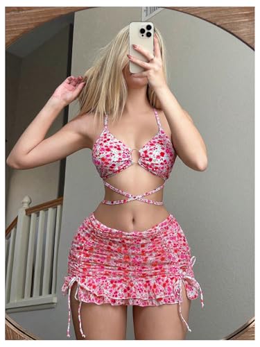 Women's 3 Piece Swimsuits Floral Criss Cross Halter Thong Bikini Sets Bathing Suit with Cover Up Ruffle Skirts