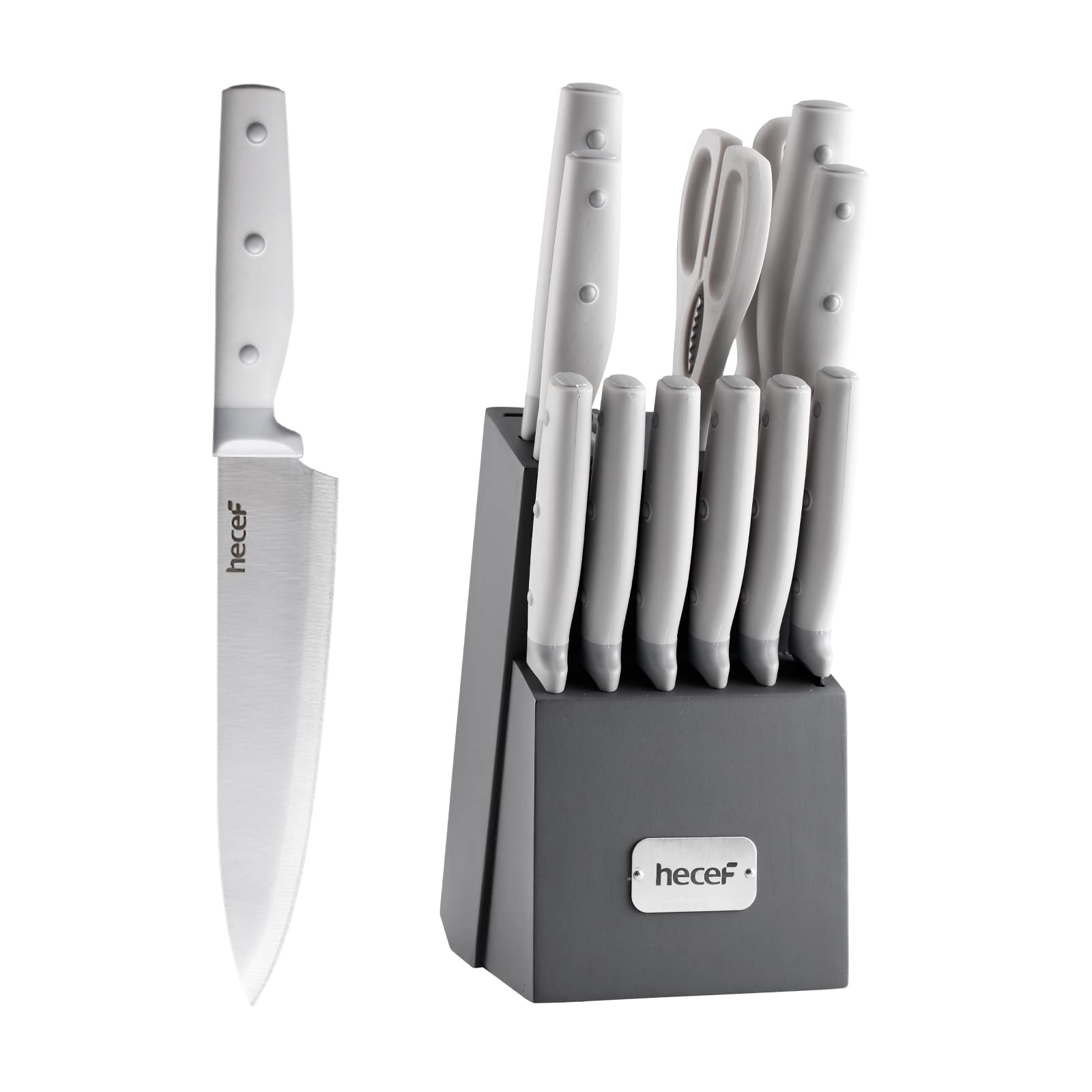 Kitchen Knife Block Set, 14 Pieces Knife Set with Wooden Block & Sharpener Steel & All-purpose Scissors, High Carbon Stainless Steel Cutlery Set