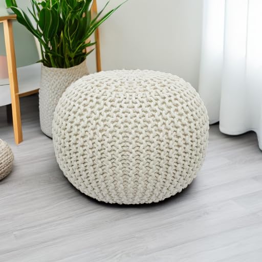 Hand-Knitted Cotton Round Pouf â€?Braid Cord Ottoman, Footrest, and Accent Seat for Living Room, Nursery, Kids Room, or Dorm Décor â€?20x14