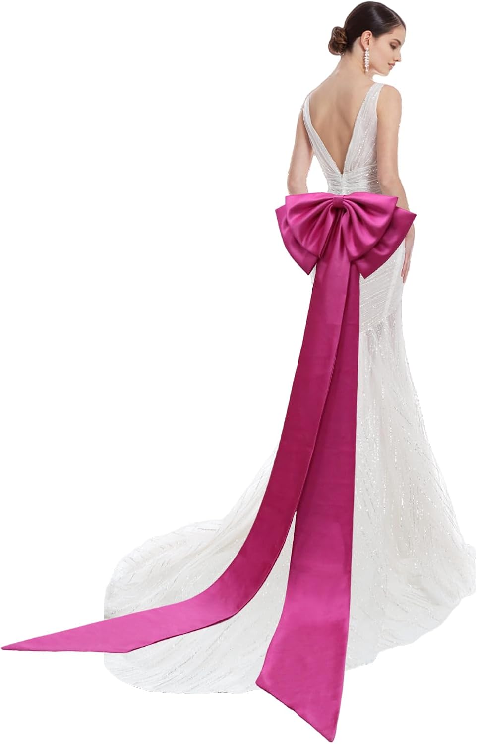 Detachable Big Bow Long Train Satin Bowknot Sweep Train Waist Sash Belt Bowknot for Wedding Formal Dress