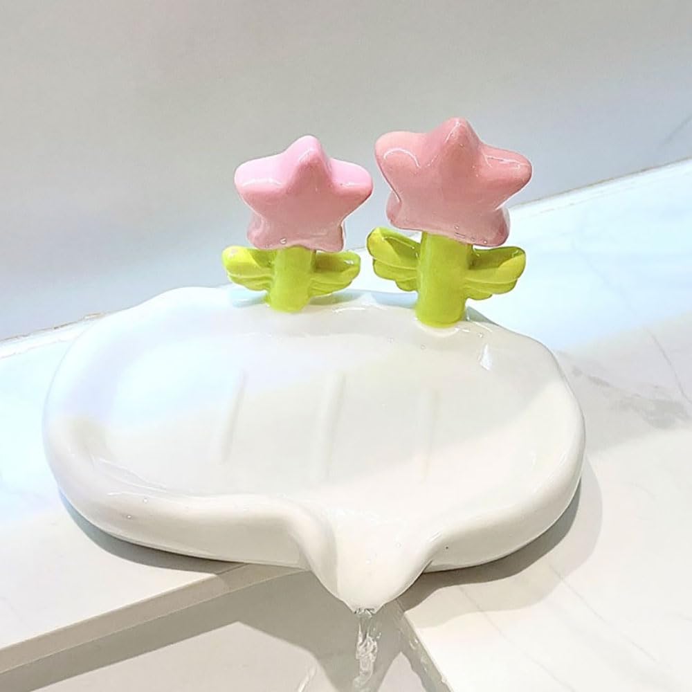Girly Ceramic Soap Dish - Cute Bathroom Soap Dsih, Adorable Floral Soap Holder for Bathroom Sink Counter, Non-Slip Base