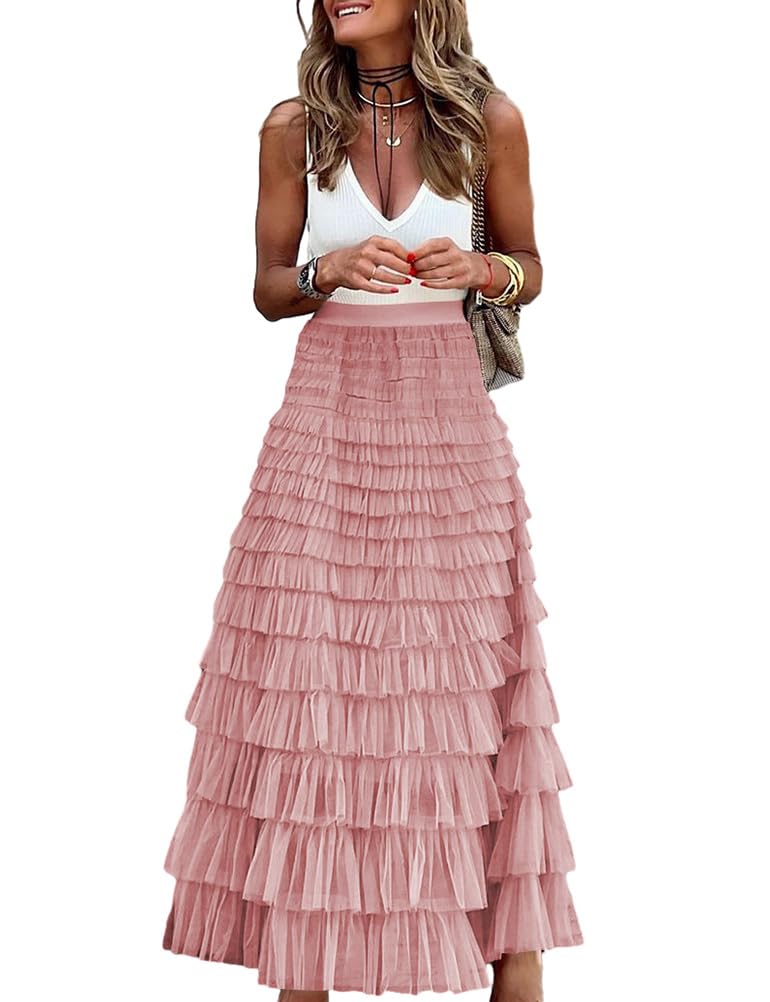 Long Tulle Skirt for Women Trendy High Waisted A Line Fluffy Fairy Mesh Layered Ruffle Skirt
