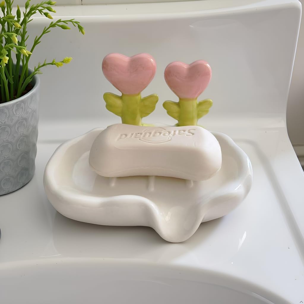 Girly Ceramic Soap Dish - Cute Bathroom Soap Dsih, Adorable Floral Soap Holder for Bathroom Sink Counter, Non-Slip Base
