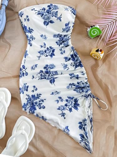 Women's Floral Print Tube Dress Ruched Drawstring Slit Hem Mini Dresses