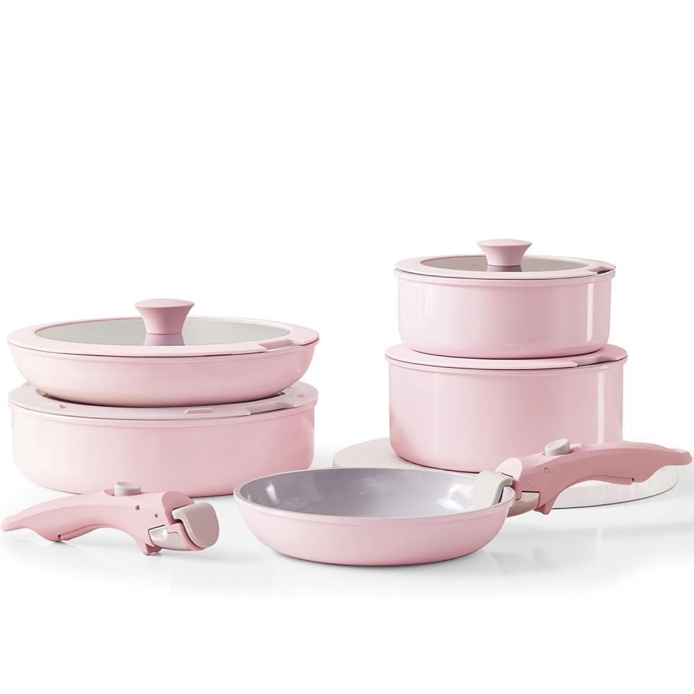 Pink Grey Non-stick Pot And Pan Sets With Removable Handle, Ceramic Cookware Set Detachable Handle, Induction Kitchen