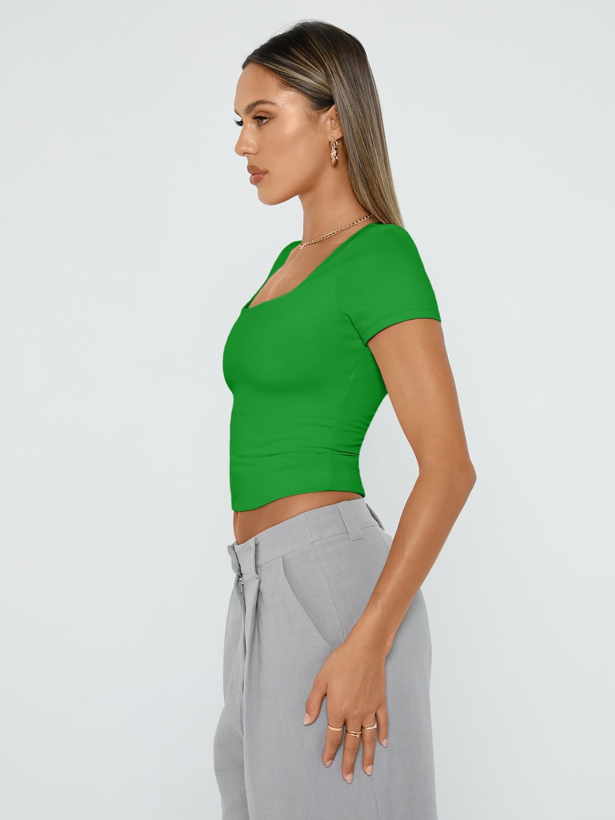 Womens Short Sleeve T Shirts Double Lined Square Neck Crop Tops Basics Tees
