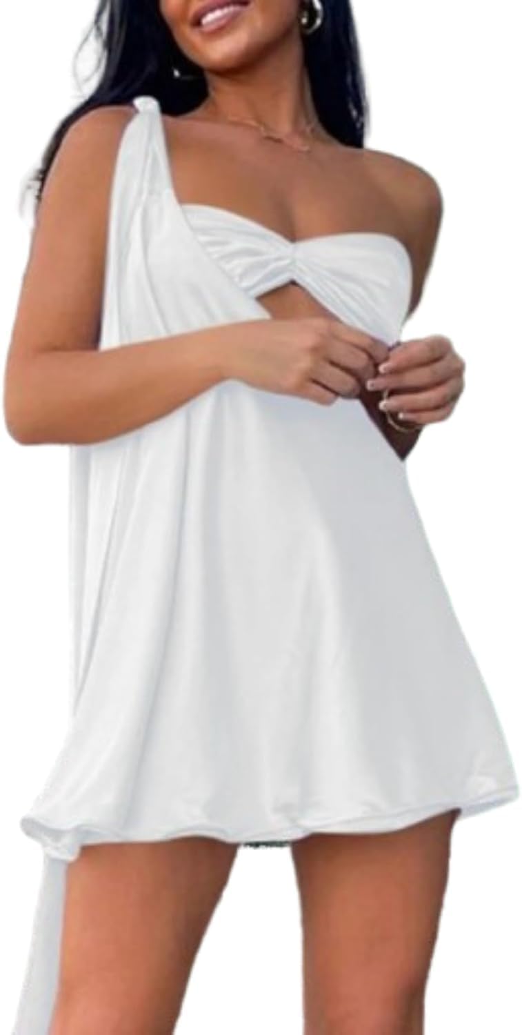 One Shoulder Dress for Women Sexy Satin Dress Sleeveless Backless Pleated