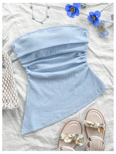 Women's Strapless Asymmetrical Tube Tops Sleeveless Ruched Crop Bandeau Summer Going Out Backless Top Dressy