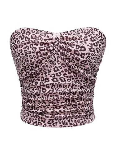 Women's Leopard Print Ruched Strapless Bandeau Top Meah Casual Sleeveless Bow Slim Fit Cheetah Print Tube Crop Tops