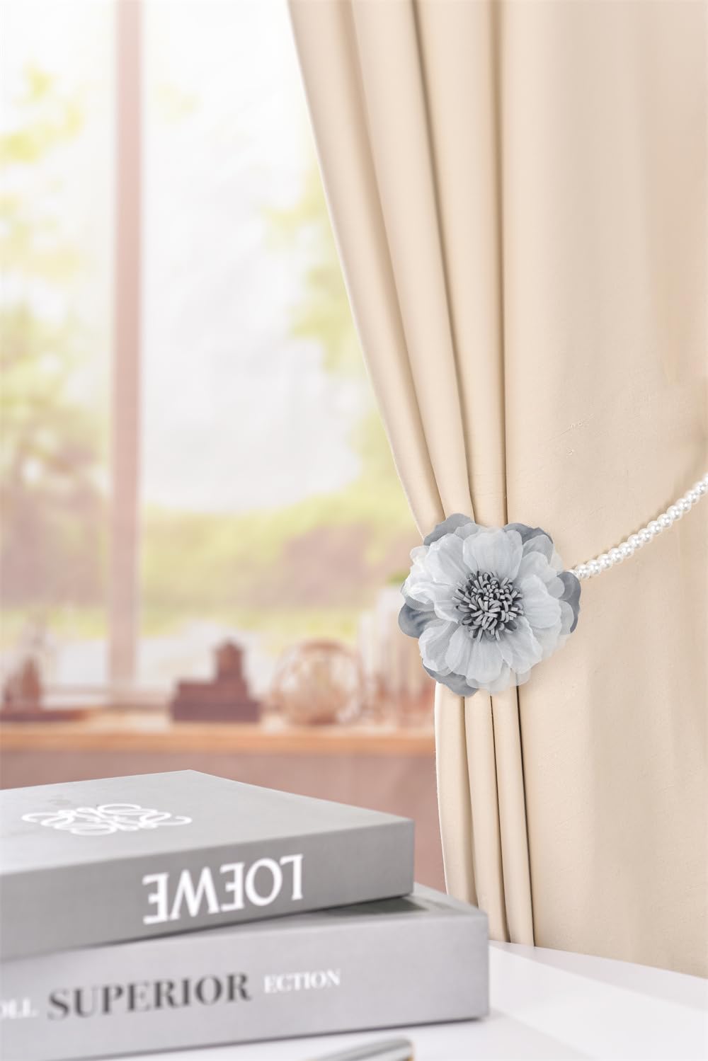Elegant Pearl Magnetic Curtain Tieback with Handmade Flower Decorative Drapery Holdbacks Rope Holder