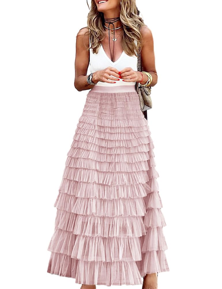 Long Tulle Skirt for Women Trendy High Waisted A Line Fluffy Fairy Mesh Layered Ruffle Skirt