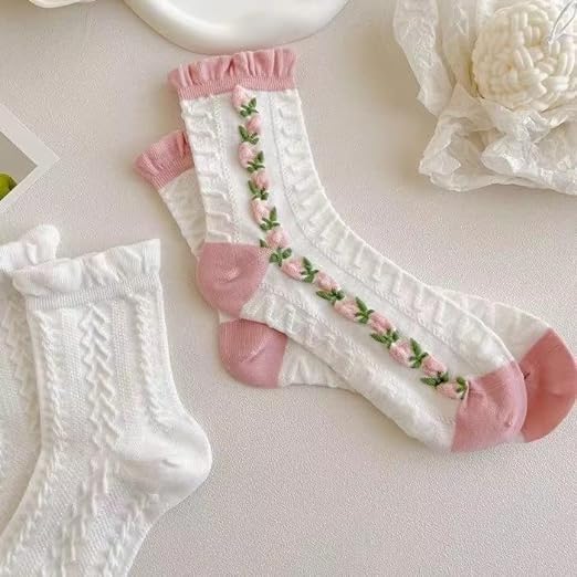 Cute Women's Cottagecore Lace Ruffle Ankle Socks - Cable Knit Cotton Coquette Aesthetic Socks