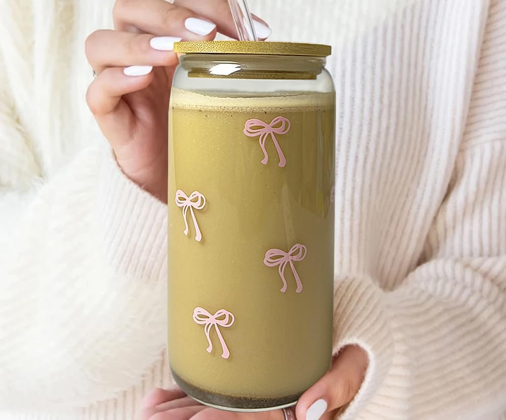 Coquette Aesthetic Glass Cup with Lid and Straw â€?Pink Bow Iced Coffee Tumbler, 16 oz, Includes Cleaning Brush and Gift Box