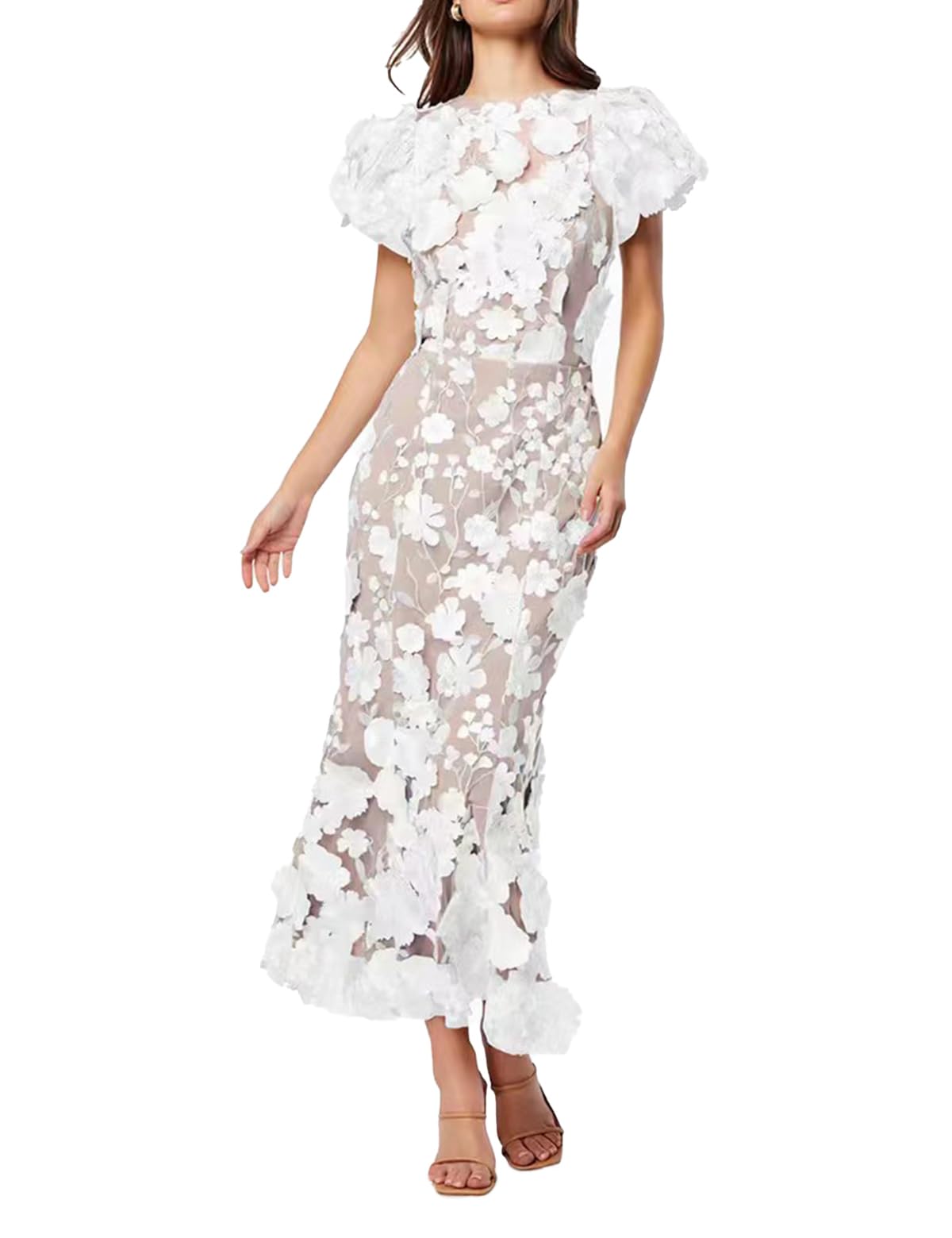 Women's 3D Floral Embroidery Dress Ruffle Sleeve Fishtail Lace Bodycon Party Cocktail Mixi Dress