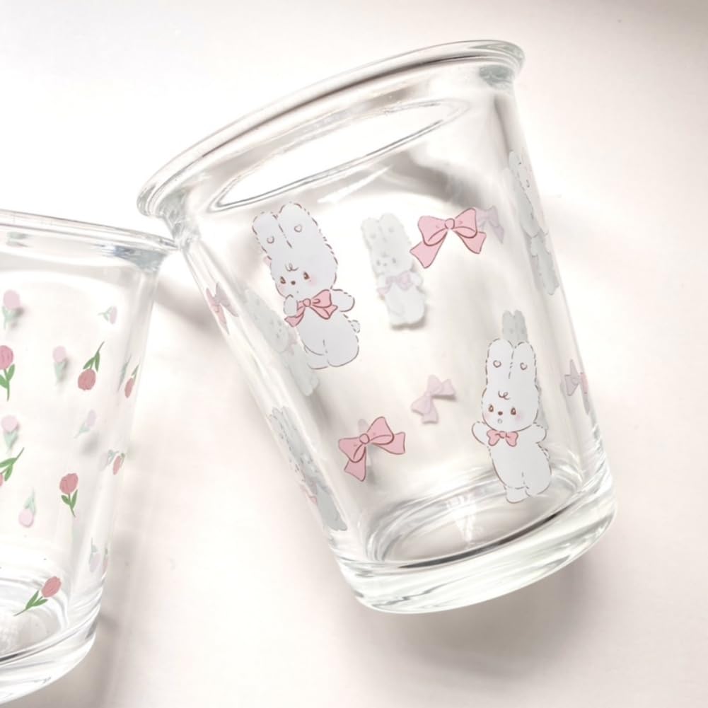 Set of 2 12 oz French Drinking Glasses Floral Juice Cup Cute Rabbit Bow Glass Cups