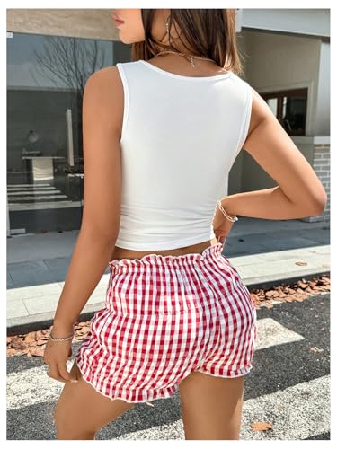 Women's Y2k 2 Piece Outfits Graphic Bow Crop Tank Top Gingham Ruffle Shorts Set Loungewear