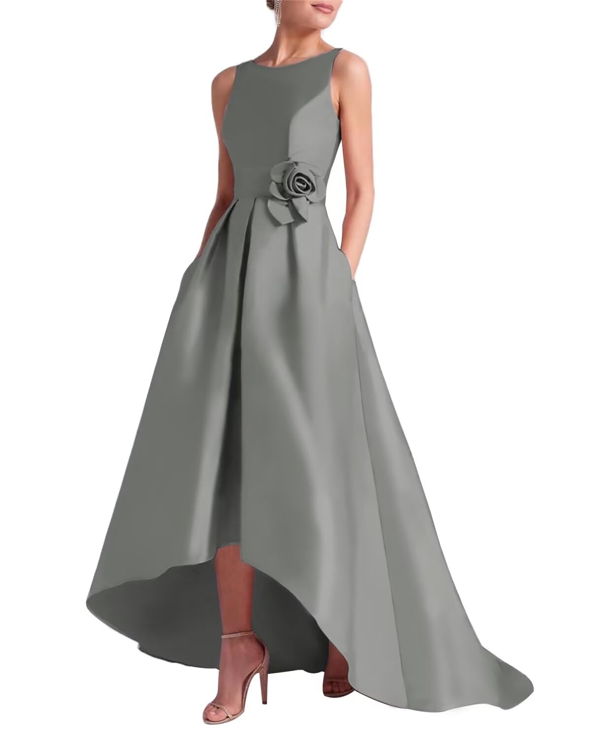Women's 3D Flower Satin Mother of The Bride Dresses Hi-Low Formal Evening Party Gown