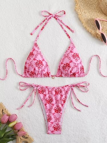 Women's Ditsy Floral Print Bathing Suit High Waisted Halter All Over Swimsuit Bikini Set