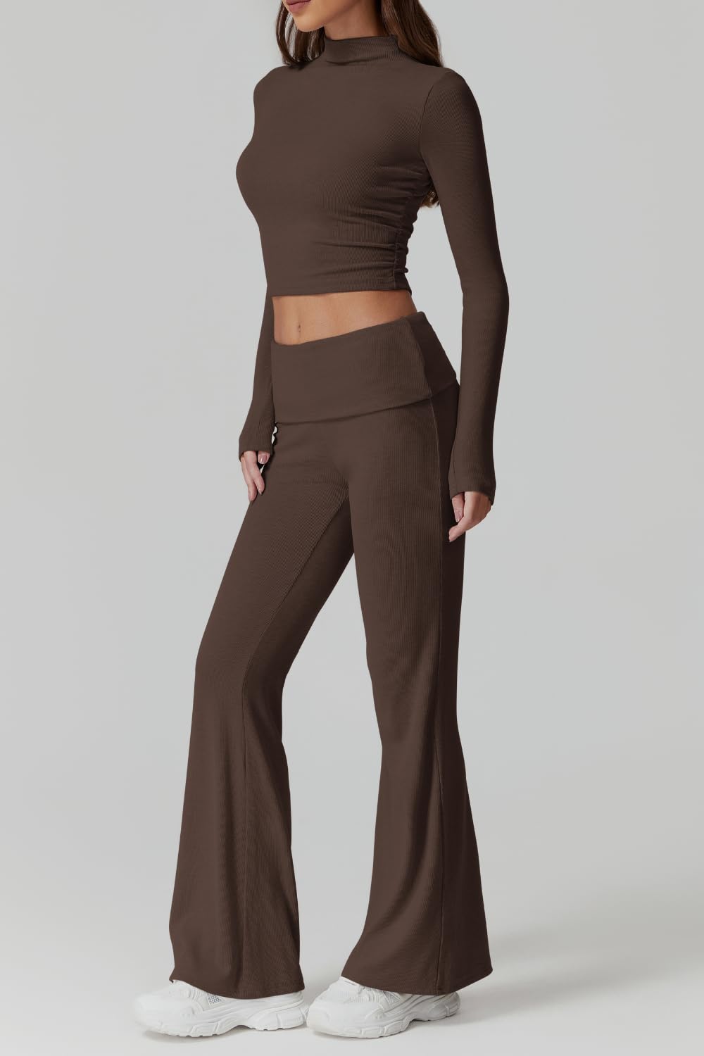 Womens 2 Piece Lounge Sets Mock Neck Long Sleeve Tops with Side Ruched Fold Over Flare Pants Comfy Tracksuits