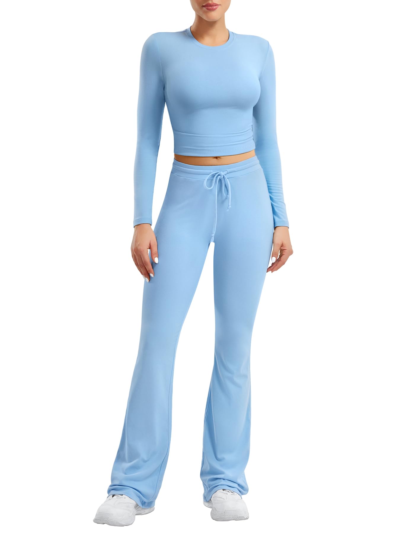 Two Piece Sets for Women Long Sleeve Tops Lounge Set Drawstring Wide Leg Pants Matching