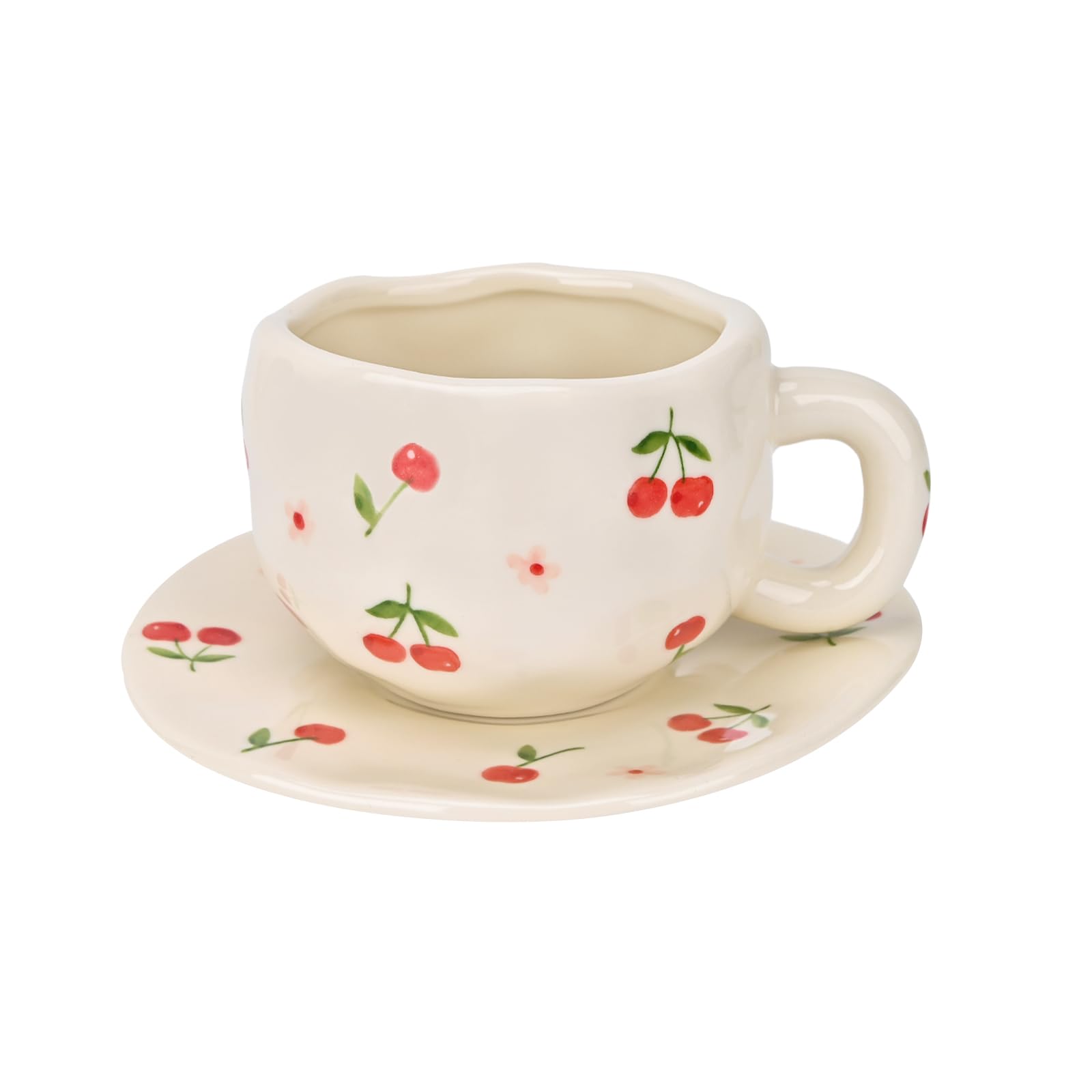 Ceramic Coffee Mug with Saucer Set, Cute Creative Cup Unique Irregular Design, 10 oz/300 ml