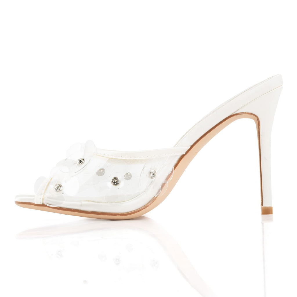 Womens Clear Round Toe Heels Stiletto Sandals Pink Strap High Heeled Mules Cute Crystal Flower Slip on Slippers